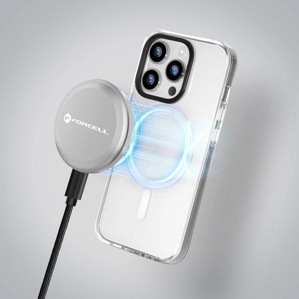 Belaidis įkroviklis Forcell F-Energy Smart Charge USB C Qi2 15W, suderinamas su MagSafe, su nuimamu laidu, 1,5 m ilgio, sidabrinis