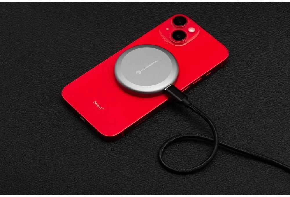 Belaidis įkroviklis Forcell F-Energy Smart Charge USB C Qi2 15W, suderinamas su MagSafe, su nuimamu laidu, 1,5 m ilgio, sidabrinis