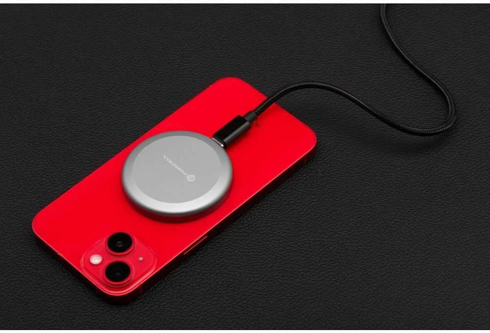Belaidis įkroviklis Forcell F-Energy Smart Charge USB C Qi2 15W, suderinamas su MagSafe, su nuimamu laidu, 1,5 m ilgio, sidabrinis
