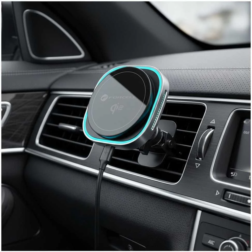 Belaidis automobilinis telefono laikiklis, suderinamas su „Magsafe Forcell F-Grip Air Mag F-07 Qi2 15W“ oro išleidimo angos sidabrinas