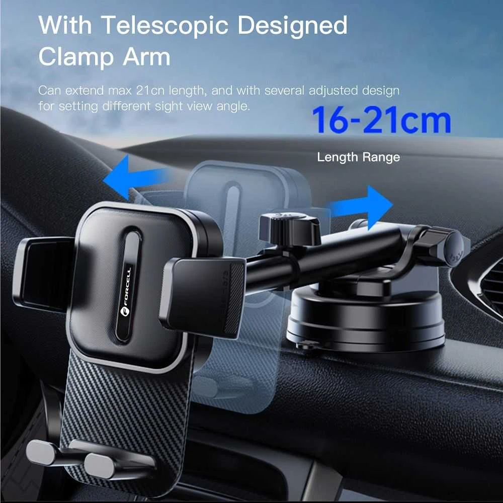 Automobilinis telefono laikiklis Forcell F-Grip Guardian priekiniam stiklui / prietaisų skydeliui juodas