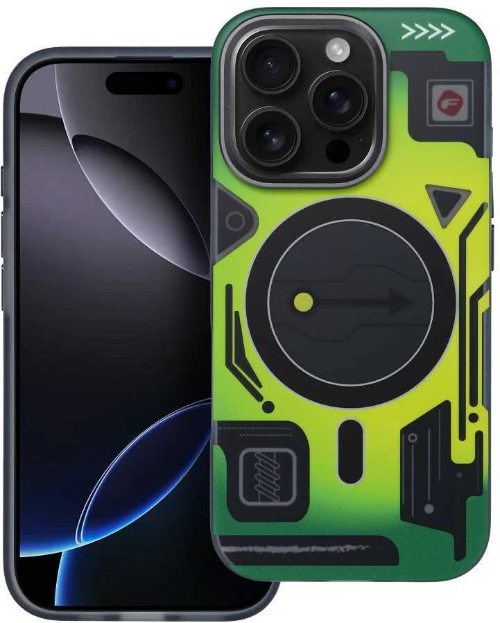 „iPhone 16 PLUS“ dėklas su „Forcell F-Protect Levels“ dvigubo sluoksnio 4D technologija, suderinamas su „Magsafe Military Drop-Test cyber žalias“.