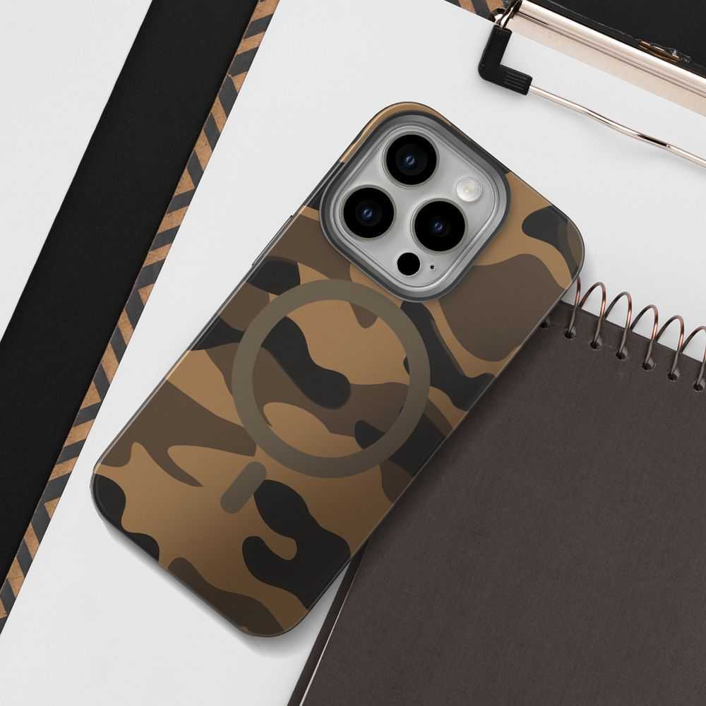 Dėklas FORCELL F-PROTECT lygiai su dvigubo sluoksnio 4D technologija, Military Drop-Test suderinamas su MagSafe skirtas Samsung Galaxy S25 desert camo