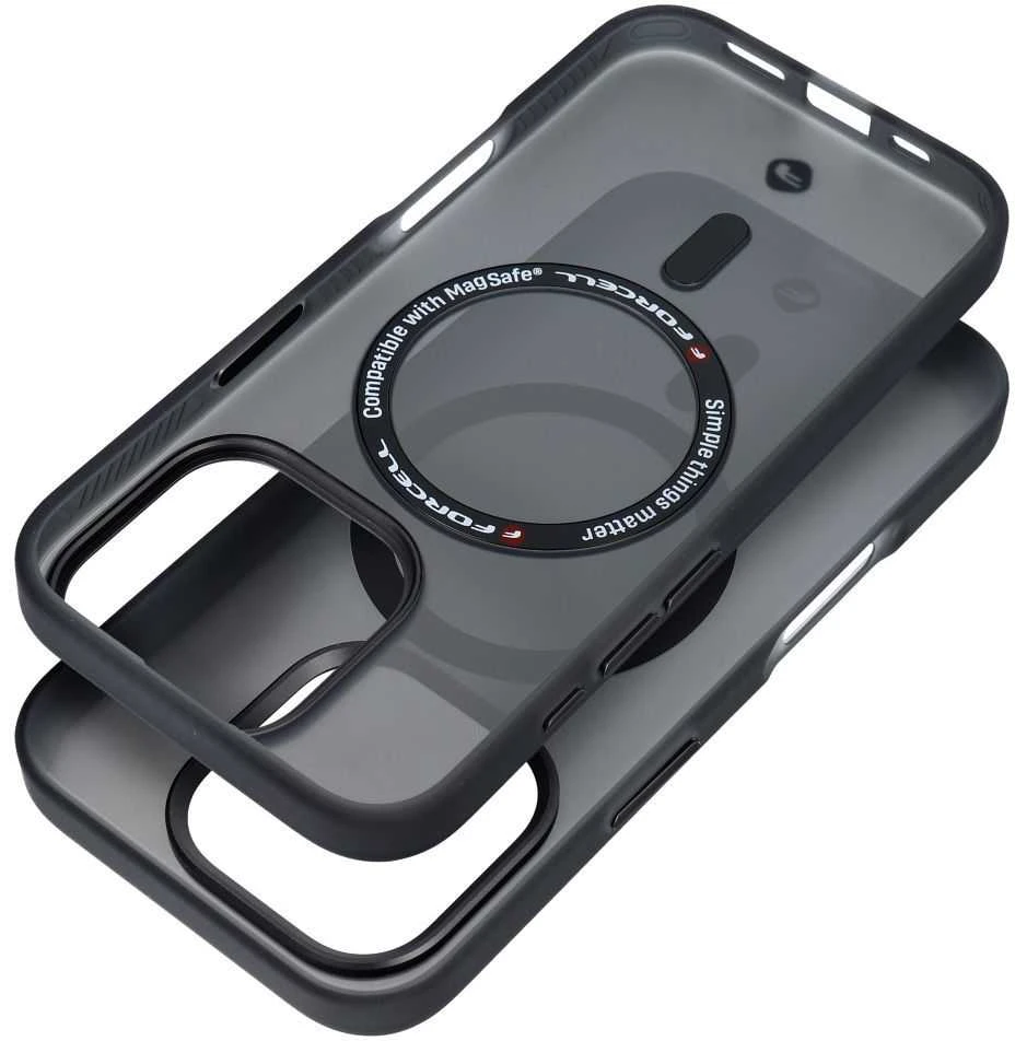 „iPhone 16 PLUS“ dėklas su „Forcell F-Protect Levels“ dvigubo sluoksnio 4D technologija, suderinamas su „Magsafe Military Drop-Test“, dūminis juodas