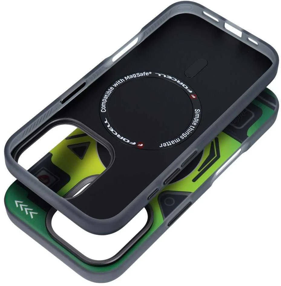 „iPhone 16 PLUS“ dėklas su „Forcell F-Protect Levels“ dvigubo sluoksnio 4D technologija, suderinamas su „Magsafe Military Drop-Test cyber žalias“.