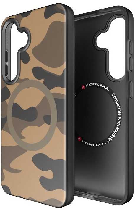 Dėklas FORCELL F-PROTECT lygiai su dvigubo sluoksnio 4D technologija, Military Drop-Test suderinamas su MagSafe skirtas Samsung Galaxy S25 desert camo