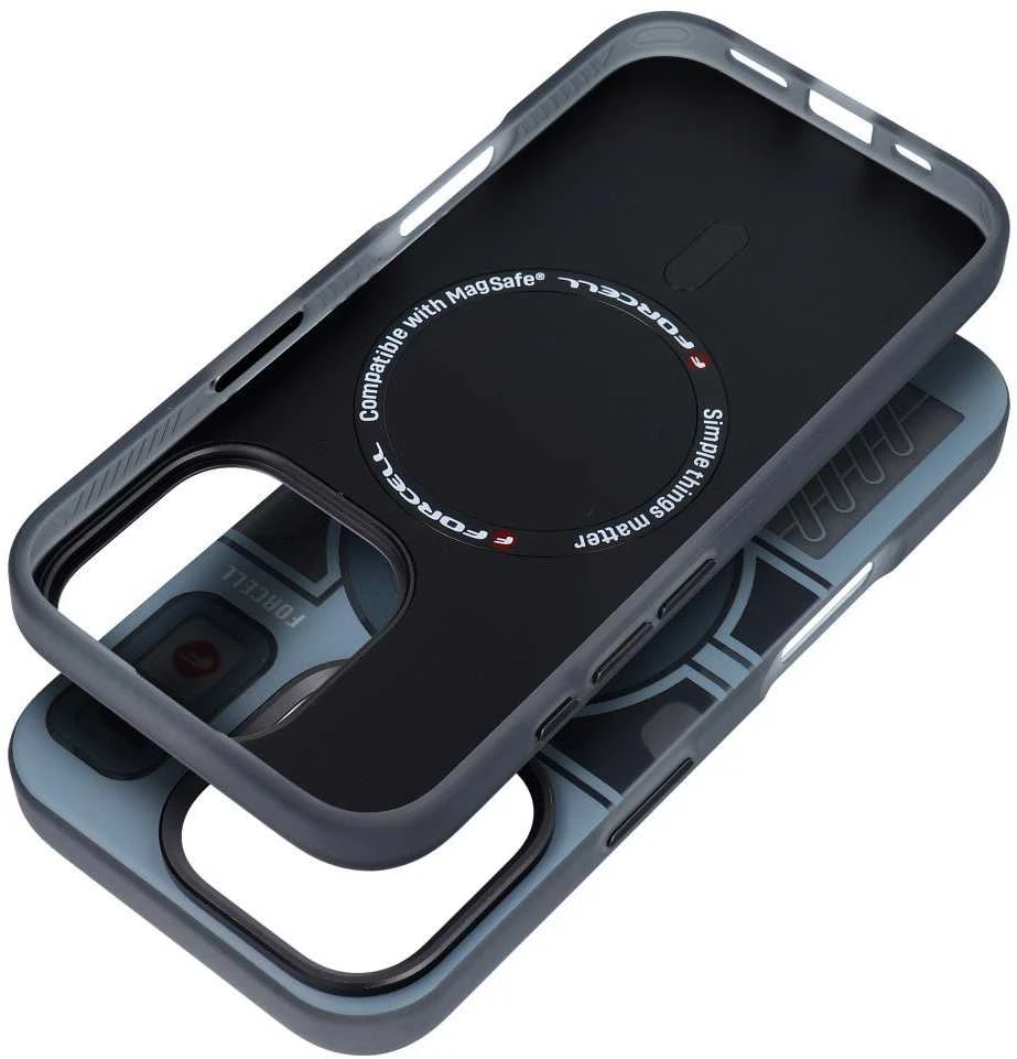 „iPhone 16 PLUS“ dėklas su „Forcell F-Protect Levels“ dvigubo sluoksnio 4D technologija, suderinamas su „Magsafe Military Drop-Test“ kibernetinėmis pilkomis spalvomis.