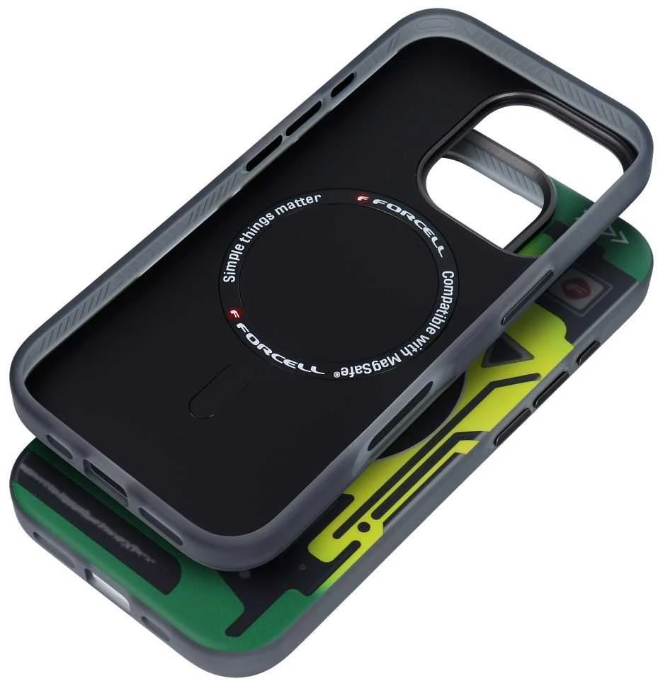 „iPhone 16 PRO MAX“ dėklas su „Forcell F-Protect Levels“ dvigubo sluoksnio 4D technologija, suderinamas su „Magsafe Military Drop-Test cyber žalias“.