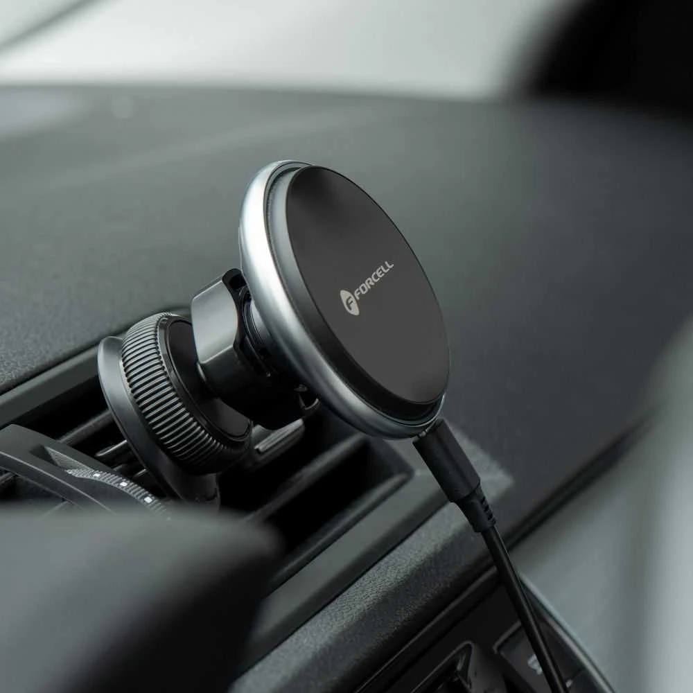 Belaidis automobilinis įkroviklis-laikiklis Forcell (HS2) (MagSafe 15W) tvirtinamas ant ventiliacijos grotelių juodas