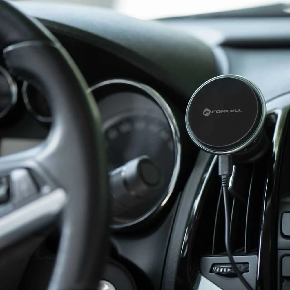 Belaidis automobilinis įkroviklis-laikiklis Forcell (HS2) (MagSafe 15W) tvirtinamas ant ventiliacijos grotelių juodas