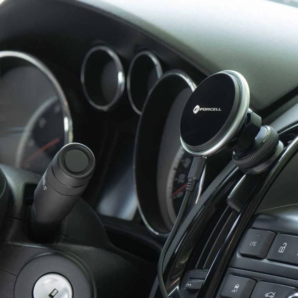 Belaidis automobilinis įkroviklis-laikiklis Forcell (HS2) (MagSafe 15W) tvirtinamas ant ventiliacijos grotelių juodas