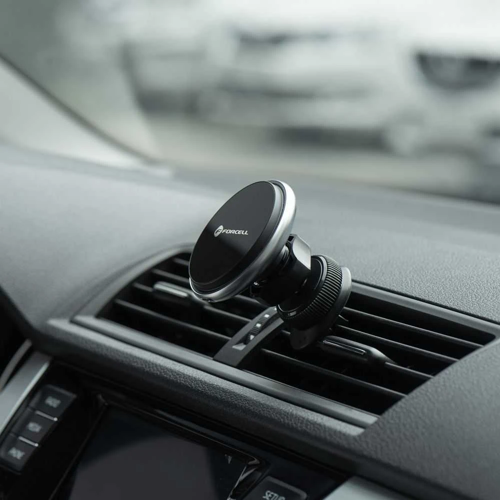 Belaidis automobilinis įkroviklis-laikiklis Forcell (HS2) (MagSafe 15W) tvirtinamas ant ventiliacijos grotelių juodas