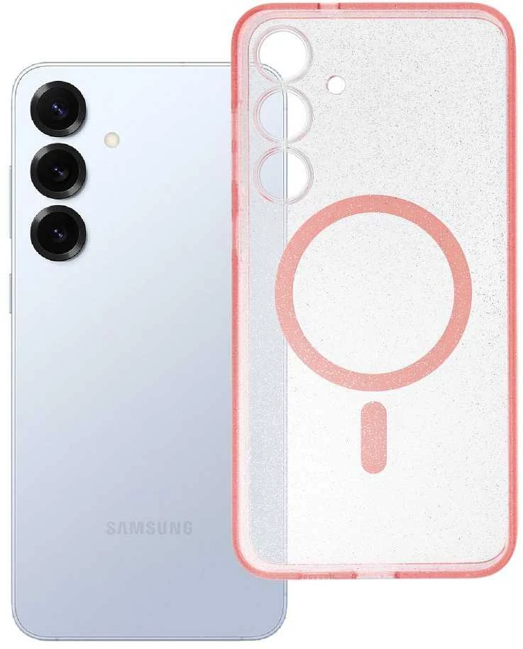 MyScreen Oem CLEAR MAG COVER dėklas suderinamas su MagSafe skirtas Samsung Galaxy S25 Plus rožinės spalvos glitter