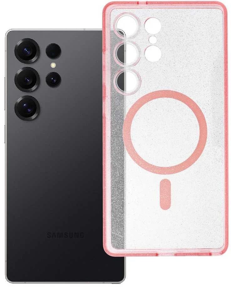 Oem CLEAR MAG COVER dėklas suderinamas su MagSafe skirtas Samsung Galaxy S25 Ultra rožinės spalvos glitter