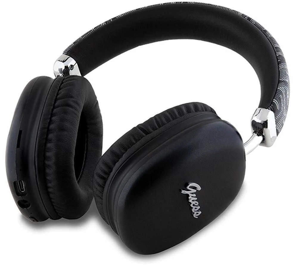 Guess GCube Metallic Script Logo Bluetooth belaidės ausinės su lankeliu ant galvos juodos spalvos