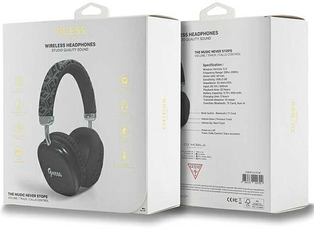 Guess GCube Metallic Script Logo Bluetooth belaidės ausinės su lankeliu ant galvos juodos spalvos