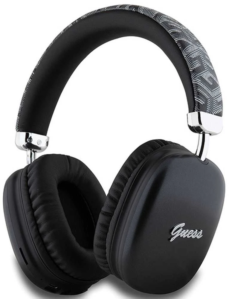Guess GCube Metallic Script Logo Bluetooth belaidės ausinės su lankeliu ant galvos juodos spalvos