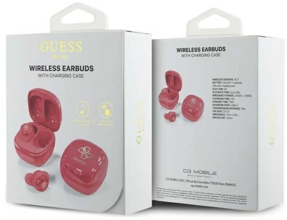 Guess Bluetooth ausinės GUTWSJ144ESF TWS + įkrovimo stotelė fuksija Iridescent 4G Printed Logo