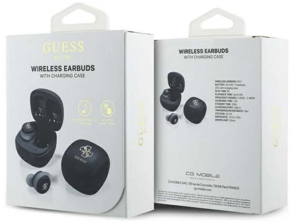 Guess Bluetooth ausinės GUTWSJ144ESK TWS + docking station juodos spalvos Iridescent 4G Printed Logo