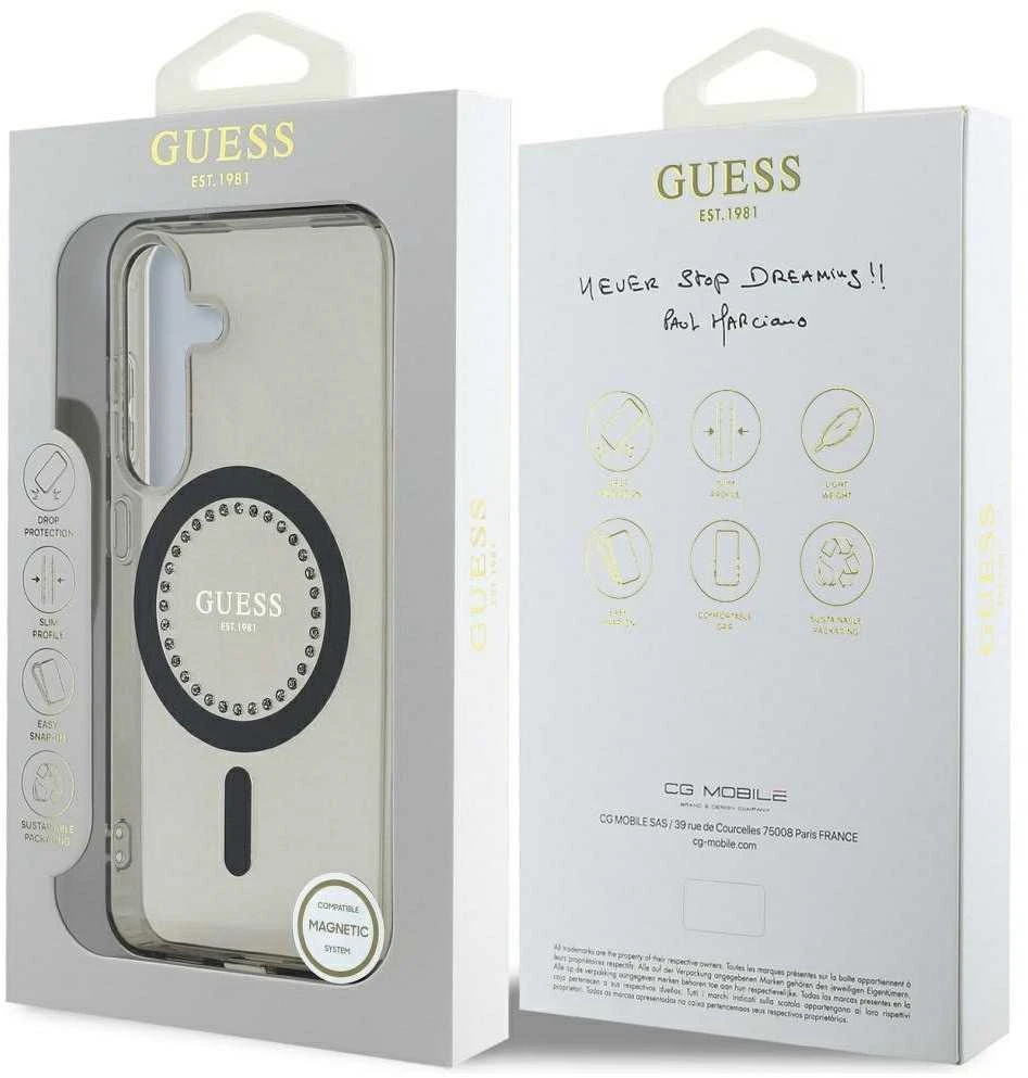 Dėklas Guess Rhinestones Printed Classic Logo MagSafe Samsung Galaxy S25 juodos spalvos