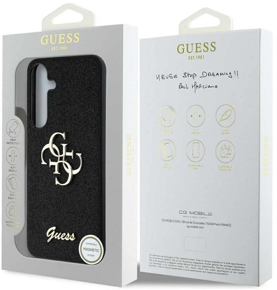 Guess PU Fixed Glitter 4G Metal Logo dėklas skirtas Samsung Galaxy S25 juodos spalvos