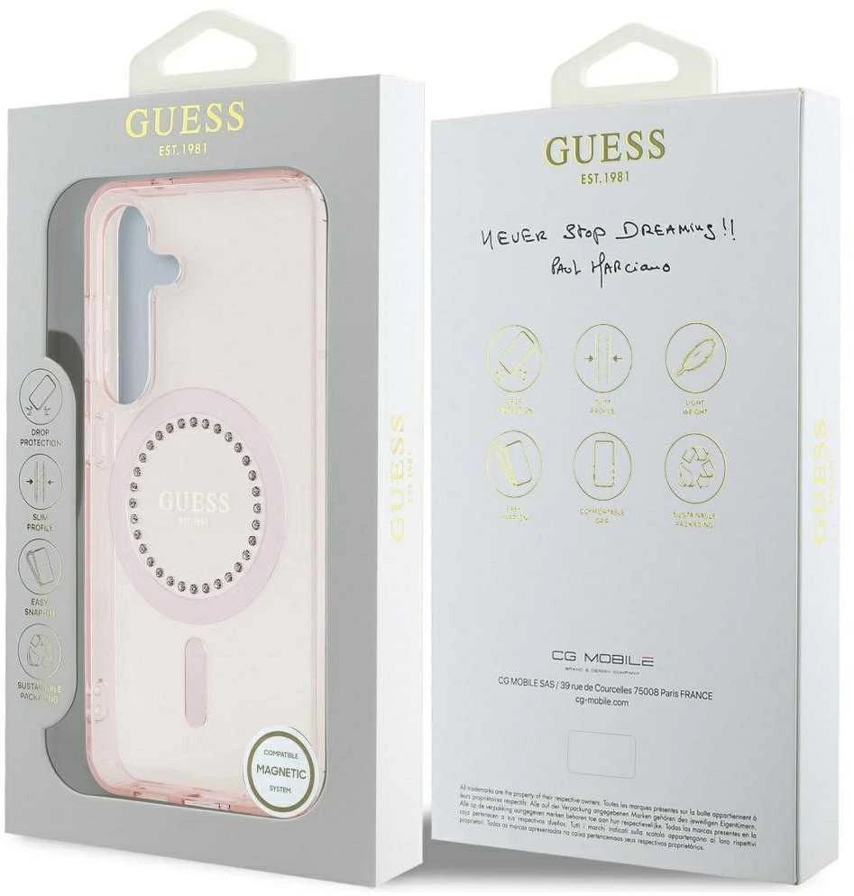 Dėklas Guess Rhinestones Printed Classic Logo MagSafe Samsung Galaxy S25 rožinės spalvos