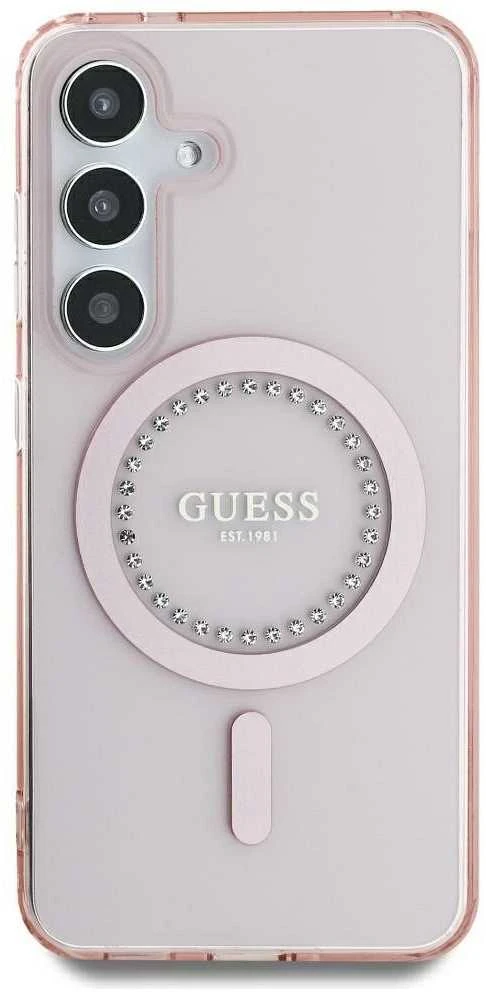Dėklas Guess Rhinestones Printed Classic Logo MagSafe Samsung Galaxy S25 rožinės spalvos