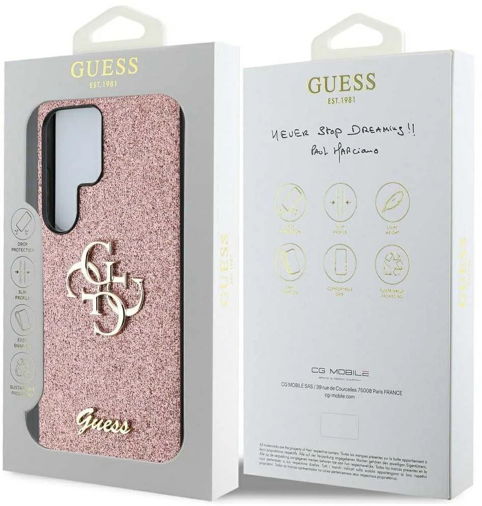 Dėklas Guess Fixed Glitter Big 4G Metal Logo Samsung Galaxy S25 Ultra rožinės spalvos