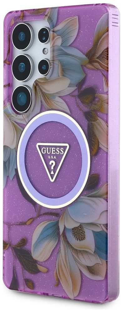 Original GUESS Glitter Flowers Triangle Mygtukai Magsafe Samsung Galaxy S25 Ultra dėklas telefonui violetinės spalvos