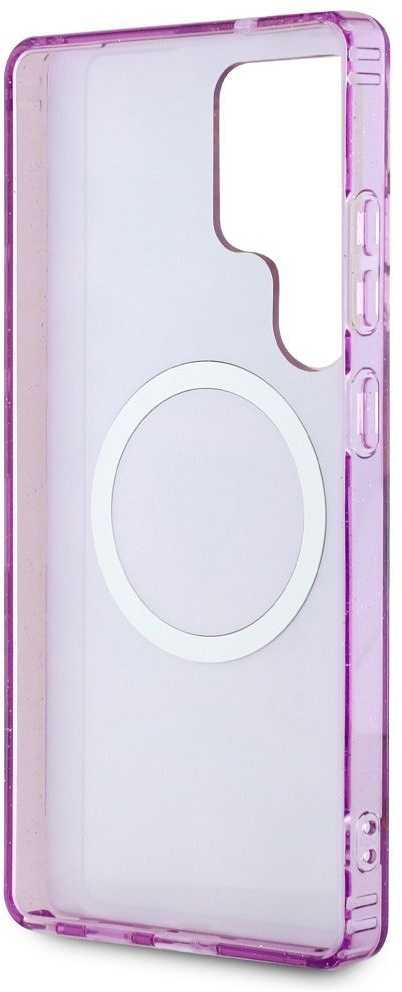 Original GUESS Glitter Flowers Triangle Mygtukai Magsafe Samsung Galaxy S25 Ultra dėklas telefonui violetinės spalvos