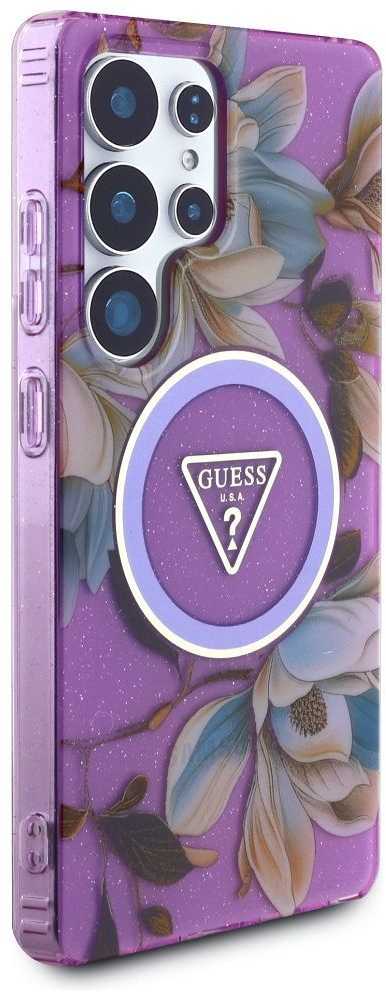 Original GUESS Glitter Flowers Triangle Mygtukai Magsafe Samsung Galaxy S25 Ultra dėklas telefonui violetinės spalvos