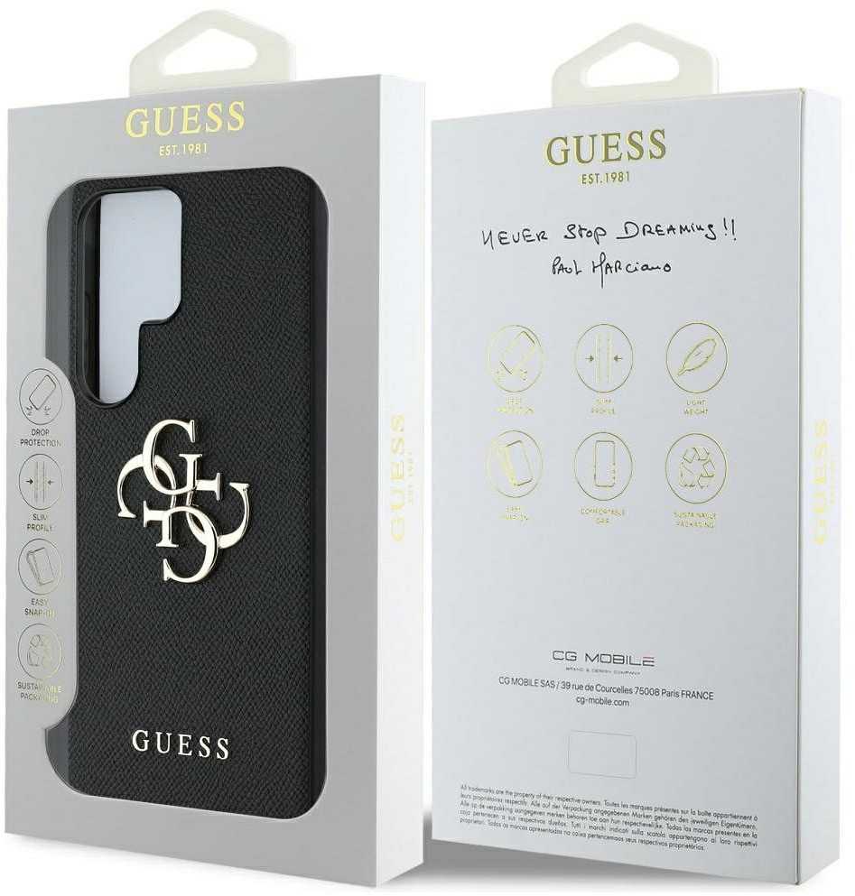 Guess Grained Big 4G Logo Small Classic Logo Samsung Galaxy S25 Ultra telefono dėklas, juodos spalvos