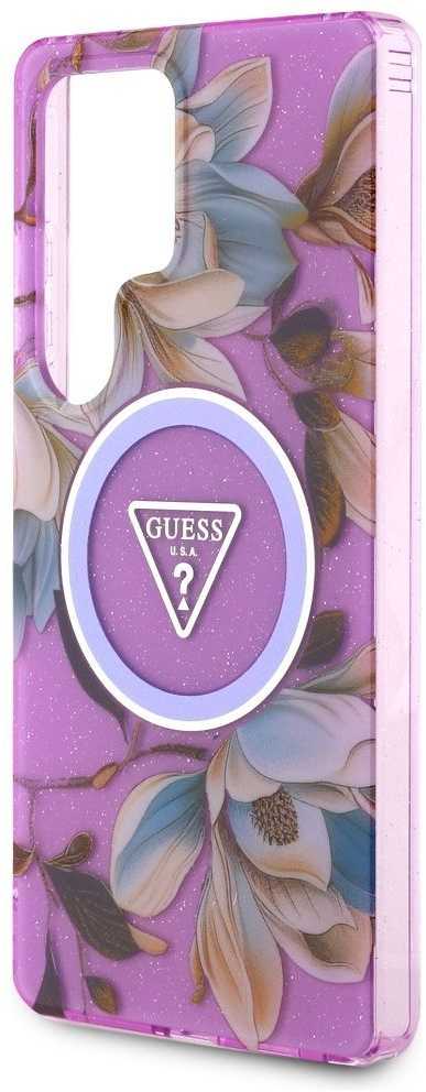 Original GUESS Glitter Flowers Triangle Mygtukai Magsafe Samsung Galaxy S25 Ultra dėklas telefonui violetinės spalvos