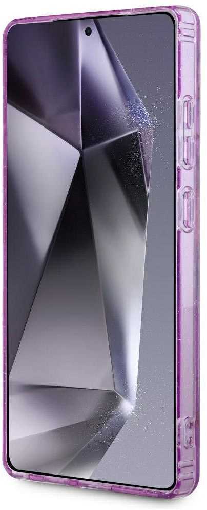 Original GUESS Glitter Flowers Triangle Mygtukai Magsafe Samsung Galaxy S25 Ultra dėklas telefonui violetinės spalvos