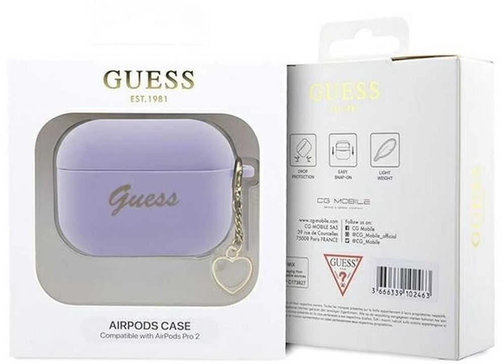 Guess GUAP2LSCHSU AirPods Pro 2 (2022/2023) dėklas violetinės spalvos silikoninis Charm Heart Collection
