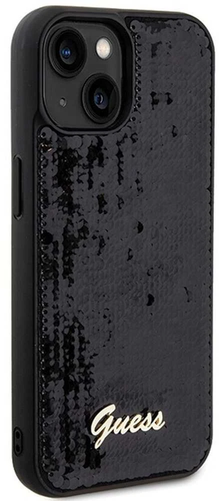 Guess GUHCP14SPSFDGSK Apple iPhone 14 / 15 / 13 6.1″ juodos spalvos kietas dėklas Sequin Script Metal
