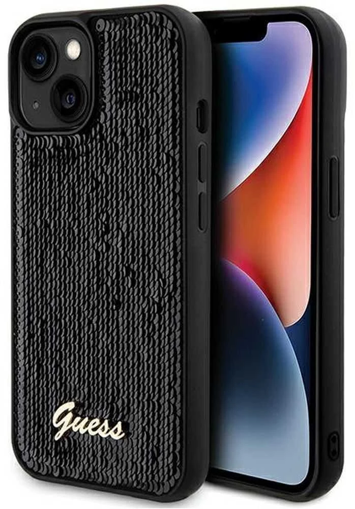 Guess GUHCP14SPSFDGSK Apple iPhone 14 / 15 / 13 6.1″ juodos spalvos kietas dėklas Sequin Script Metal