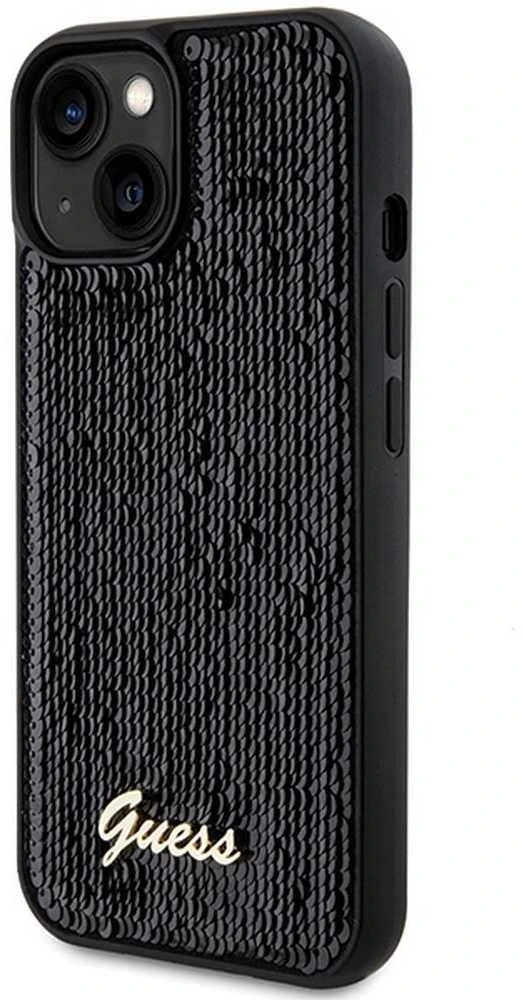 Guess GUHCP14SPSFDGSK Apple iPhone 14 / 15 / 13 6.1″ juodos spalvos kietas dėklas Sequin Script Metal