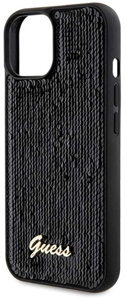 Guess GUHCP14SPSFDGSK Apple iPhone 14 / 15 / 13 6.1″ juodos spalvos kietas dėklas Sequin Script Metal