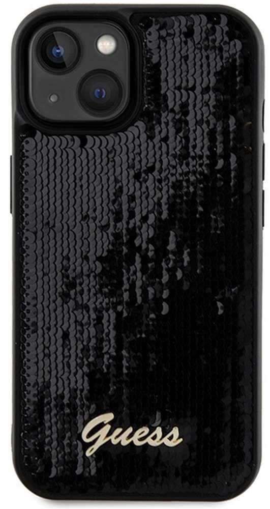 Guess GUHCP14SPSFDGSK Apple iPhone 14 / 15 / 13 6.1″ juodos spalvos kietas dėklas Sequin Script Metal
