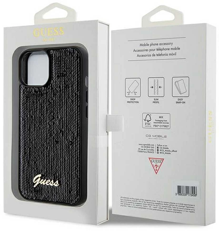 Guess GUHCP14SPSFDGSK Apple iPhone 14 / 15 / 13 6.1″ juodos spalvos kietas dėklas Sequin Script Metal