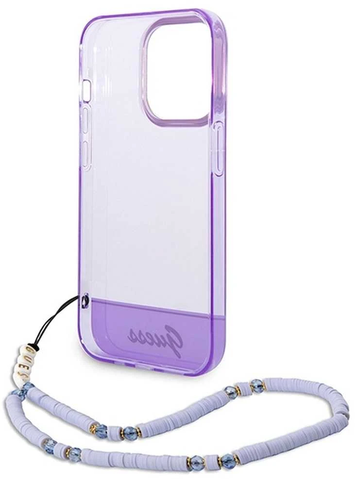 Guess GUHCP14LHGCOHU Apple iPhone 14 Pro 6,1" violetinis kietas dėklas su permatomu perlų dirželiu