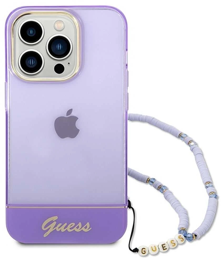 Guess GUHCP14LHGCOHU Apple iPhone 14 Pro 6,1" violetinis kietas dėklas su permatomu perlų dirželiu