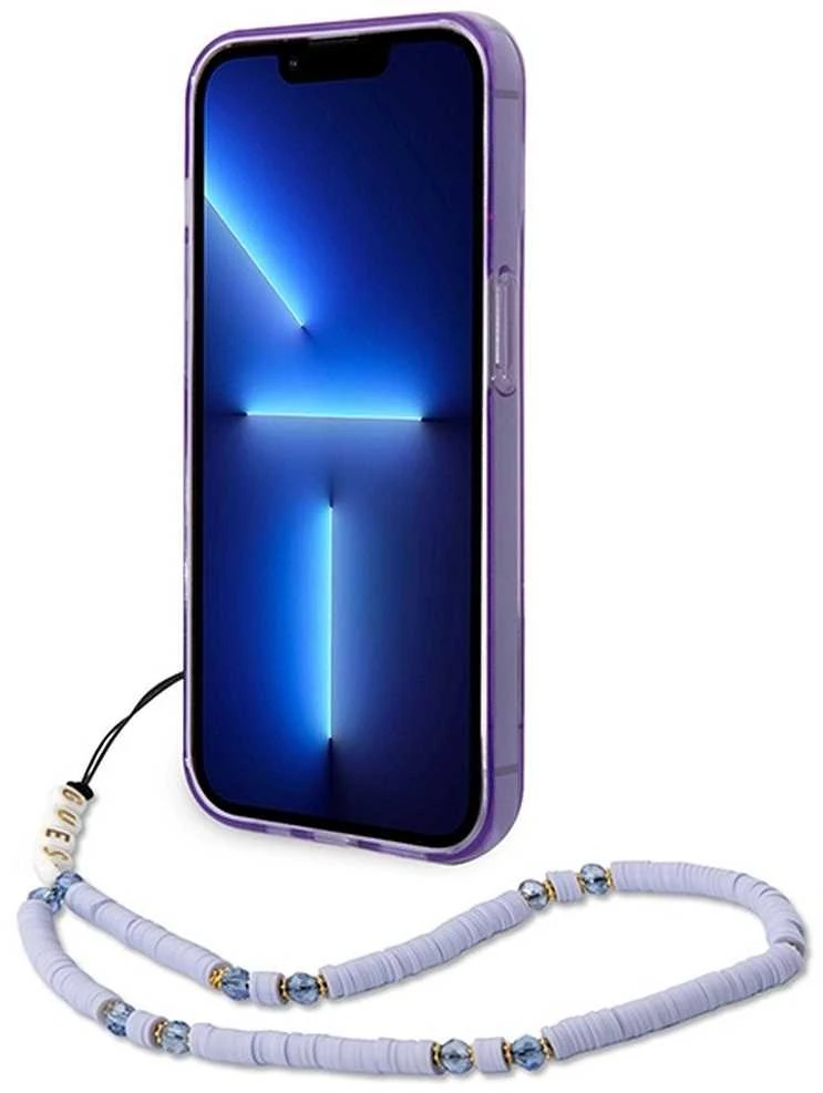 Guess GUHCP14LHGCOHU Apple iPhone 14 Pro 6,1" violetinis kietas dėklas su permatomu perlų dirželiu