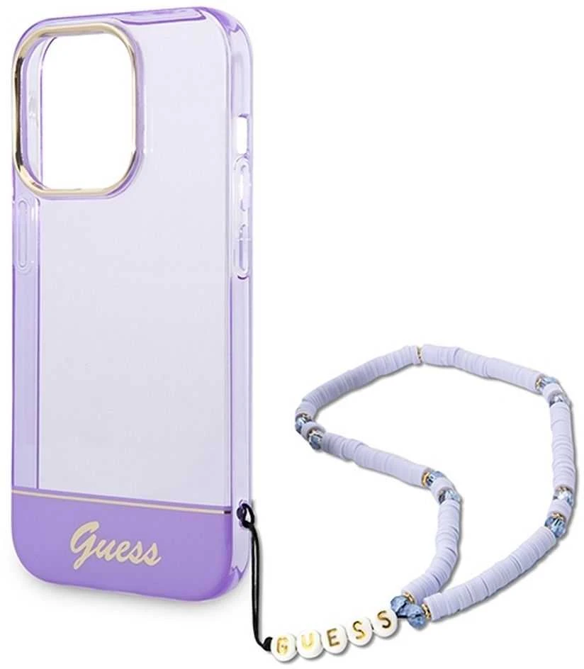 Guess GUHCP14LHGCOHU Apple iPhone 14 Pro 6,1" violetinis kietas dėklas su permatomu perlų dirželiu