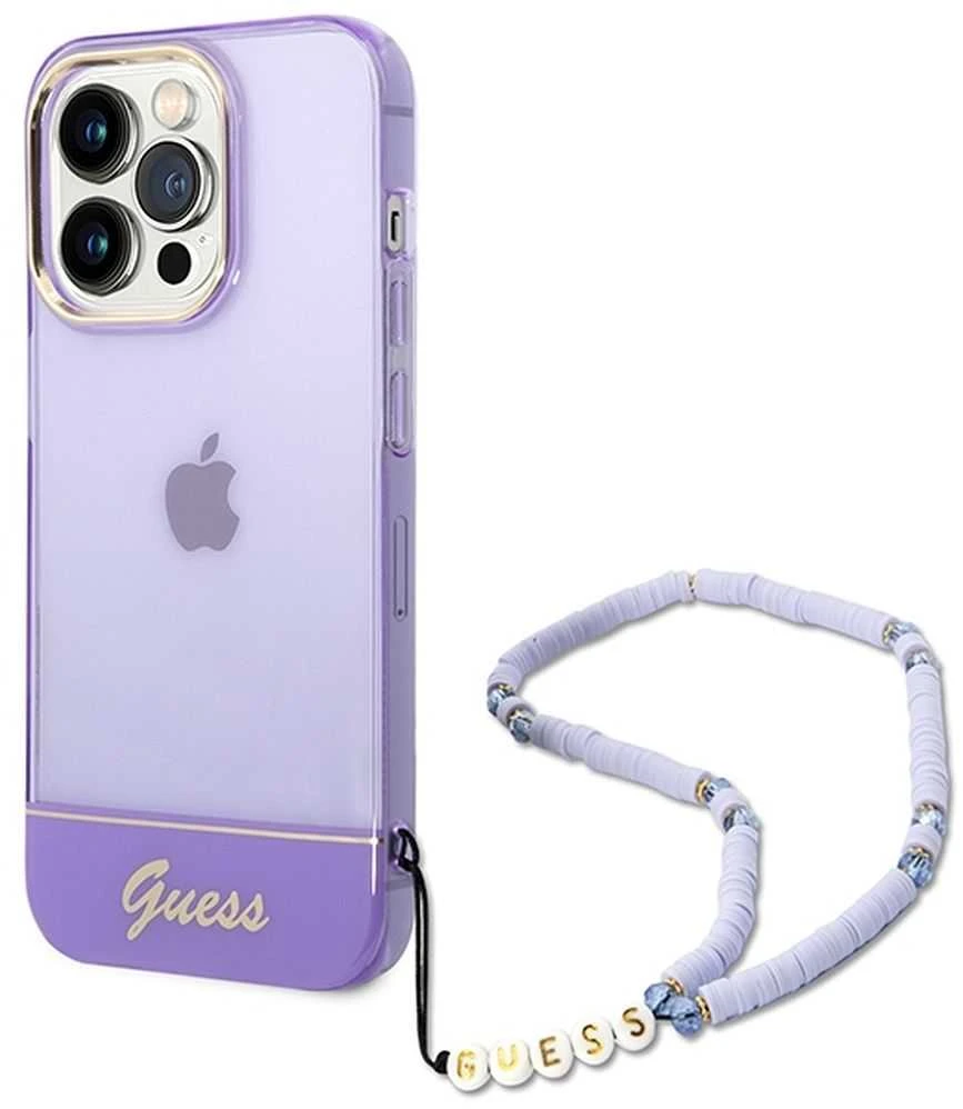 Guess GUHCP14LHGCOHU Apple iPhone 14 Pro 6,1" violetinis kietas dėklas su permatomu perlų dirželiu