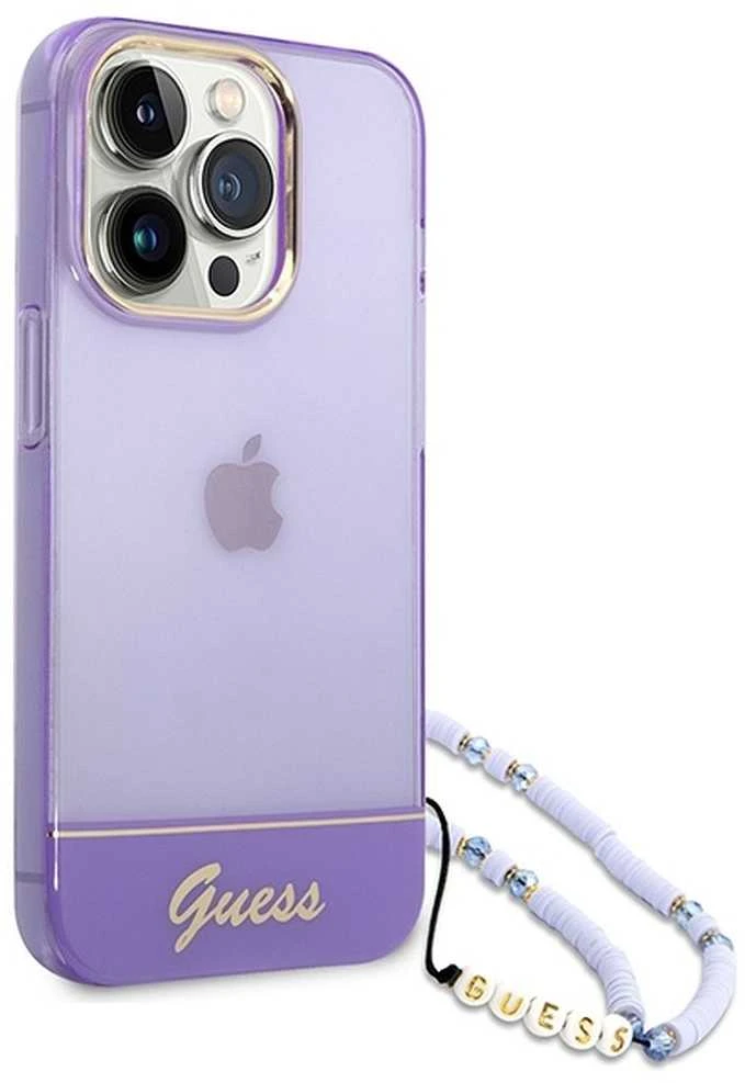 Guess GUHCP14LHGCOHU Apple iPhone 14 Pro 6,1" violetinis kietas dėklas su permatomu perlų dirželiu