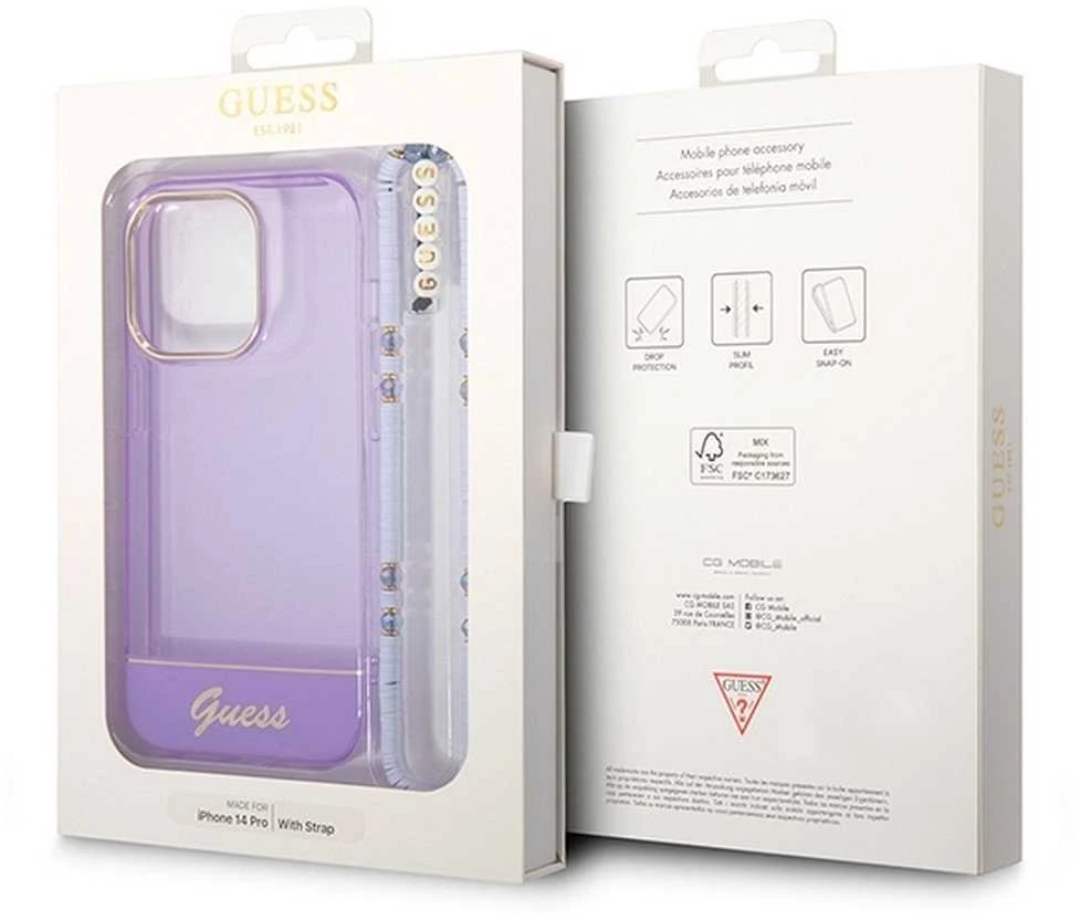 Guess GUHCP14LHGCOHU Apple iPhone 14 Pro 6,1" violetinis kietas dėklas su permatomu perlų dirželiu