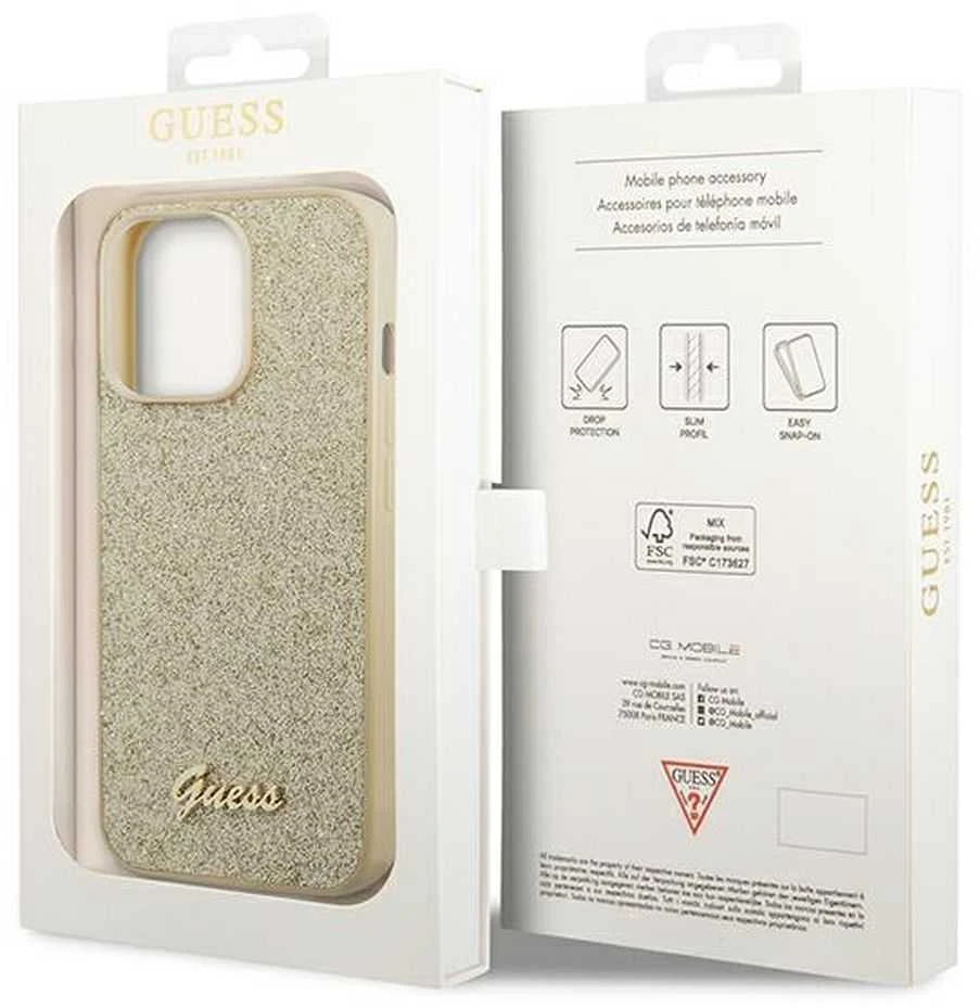 Guess GUHCP14LHGGSHD iPhone 14 Pro 6,1″ auksinis kietas dėklas Glitter Script