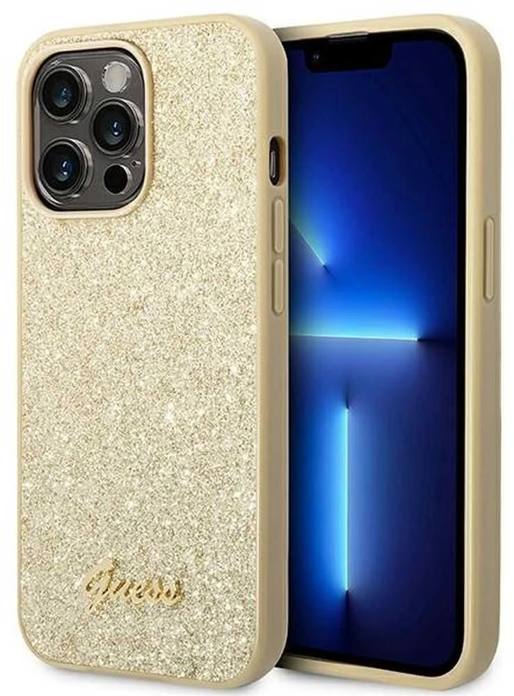 Guess GUHCP14LHGGSHD Apple iPhone 14 Pro 6,1″ auksinis kietas dėklas Glitter Script